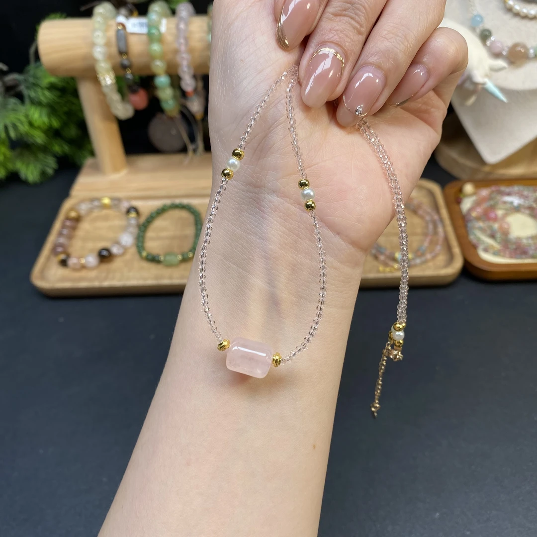 【粉晶桶珠颈链】A757精美气质轻奢时尚小众清新可调节