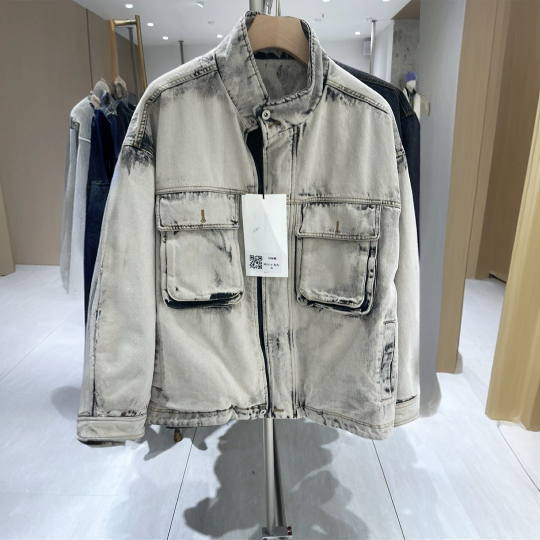 82116-冬季立领简约复古做旧牛仔翻领韩版宽松男女款羽绒服H82116
