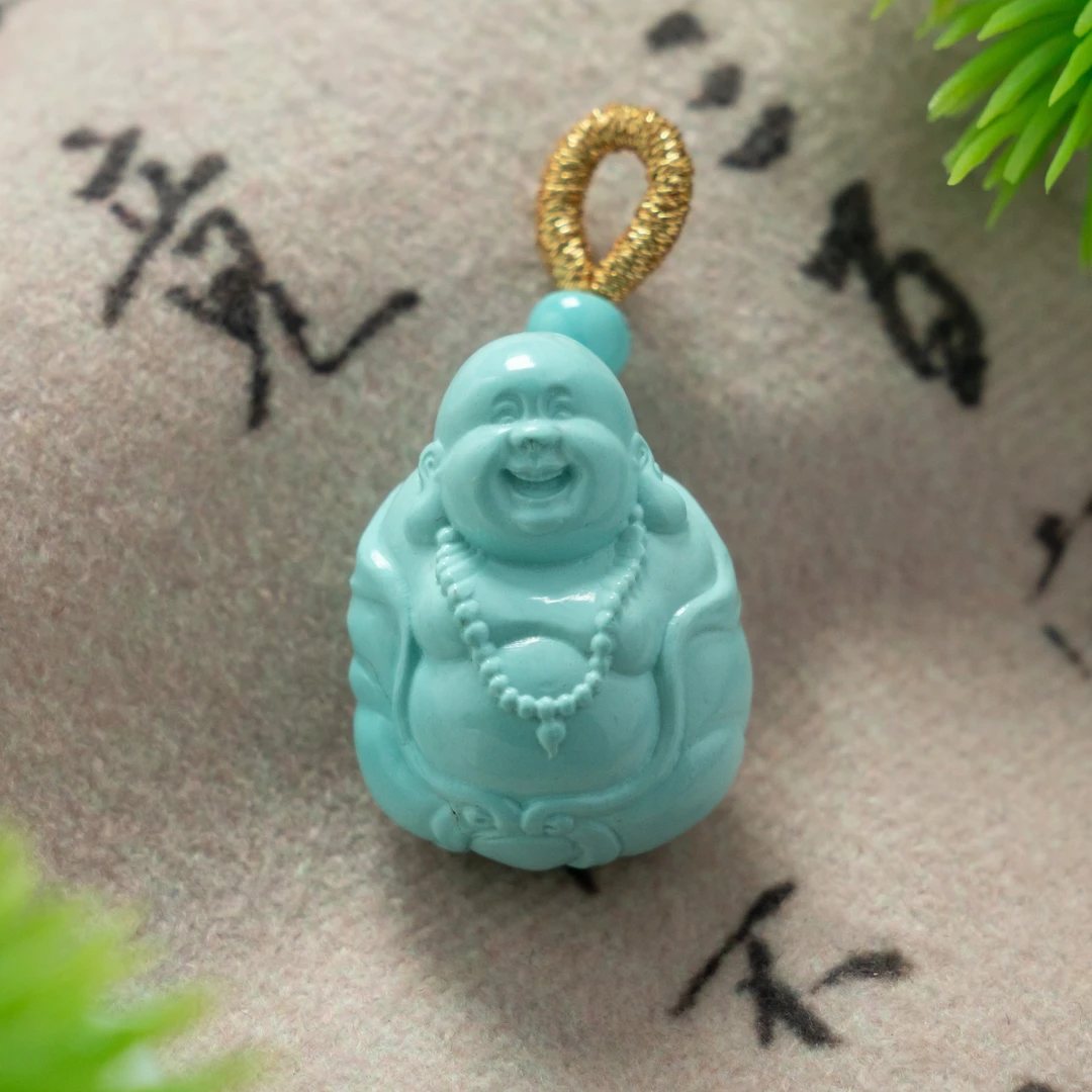 【东方灵玉】原矿高瓷精品精工雕刻绿松石弥勒笑佛吊坠颈饰百搭