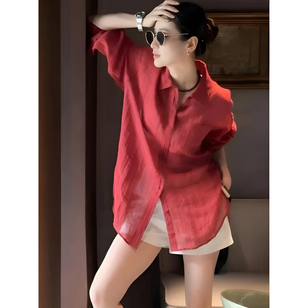 法式高级感薄款红色衬衫女2025夏季新款宽松休闲复古显白长袖开衫
