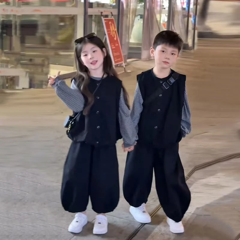 儿童秋季套装2025新款男女童洋气时尚兄妹马甲坎肩T恤休闲束脚裤