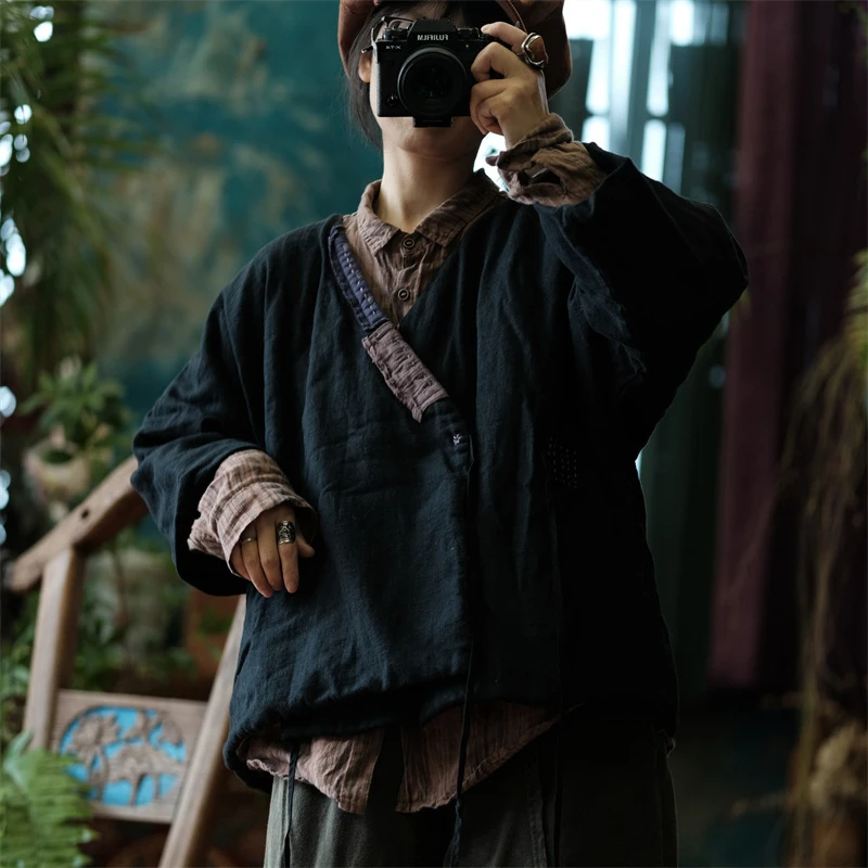 冬季新款落古泥宽松麻料汉服款系带补丁短棉衣外套黑色