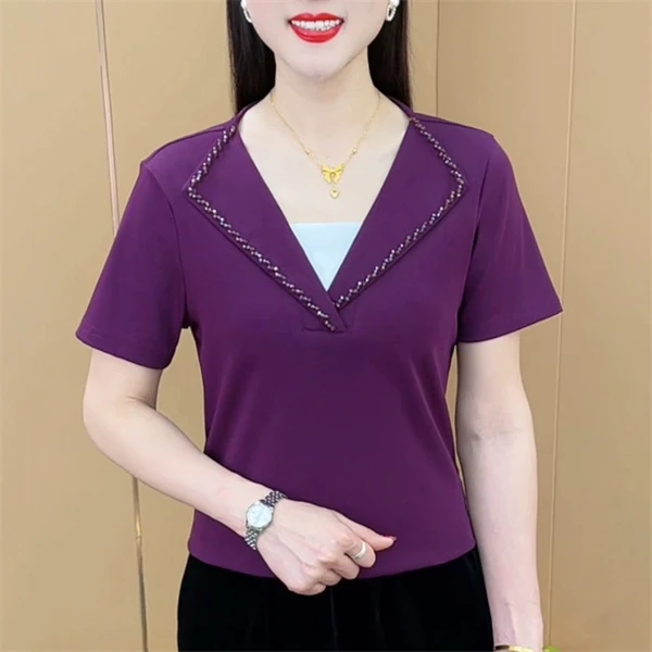夏季时尚百搭修身显瘦设计感纯色V领T恤衫气质拼接假两件短袖上衣