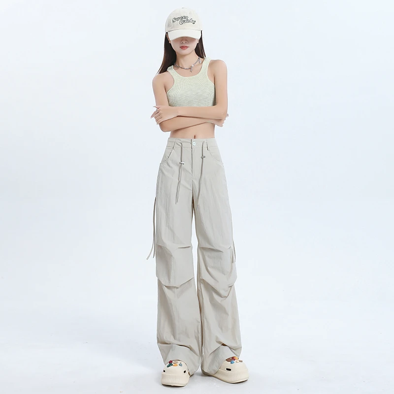 美式工装裤女夏季薄款抽绳速干高腰垂感显瘦阔腿百搭休闲运动裤子