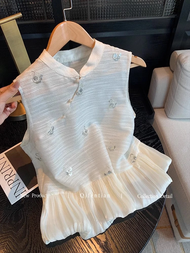 新中式仙女风亮片刺绣无袖衬衫上衣女夏季设计感时尚气质立领背心