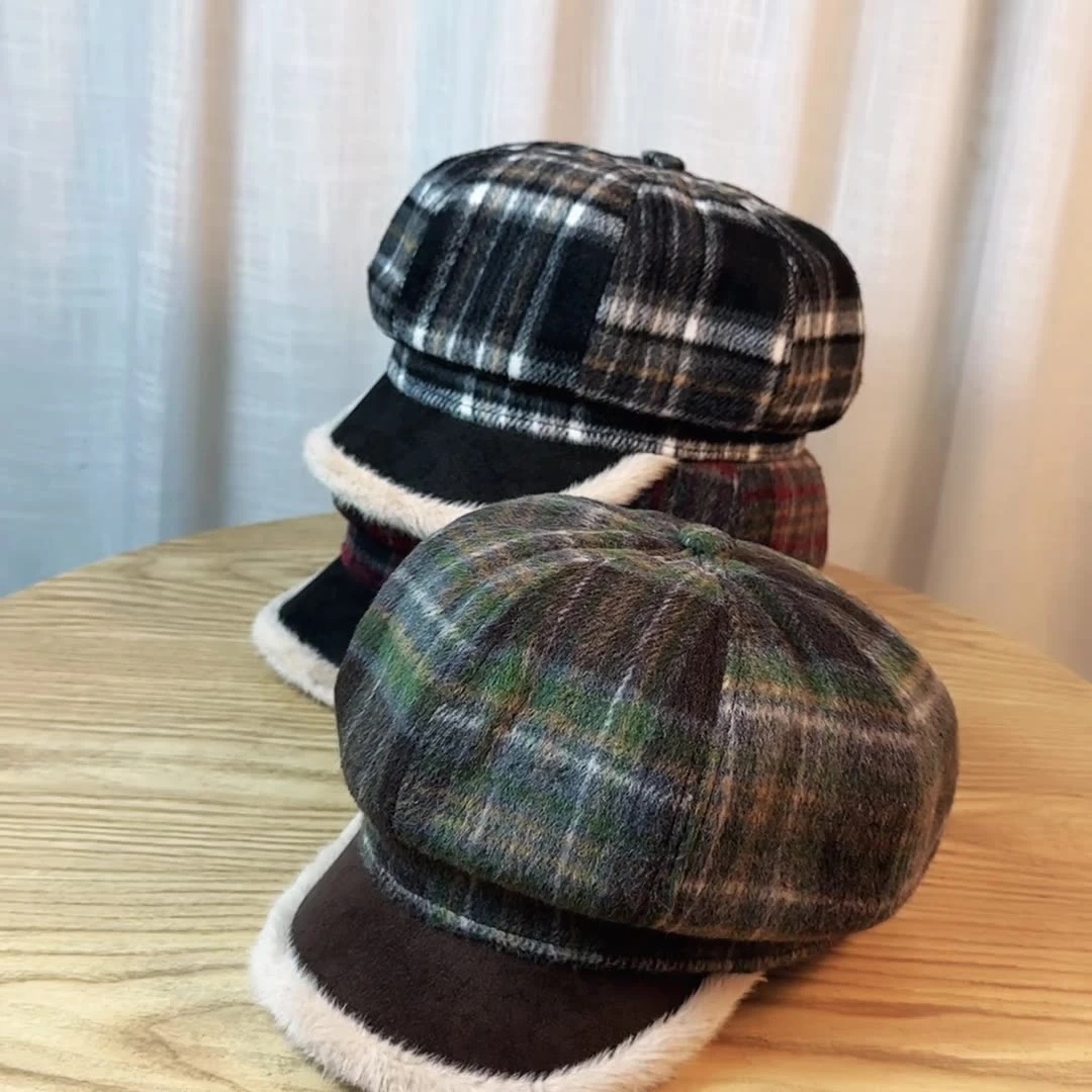 日系复古格子毛绒八角贝雷帽女2024年秋冬保暖显脸小蓓蕾画家帽子