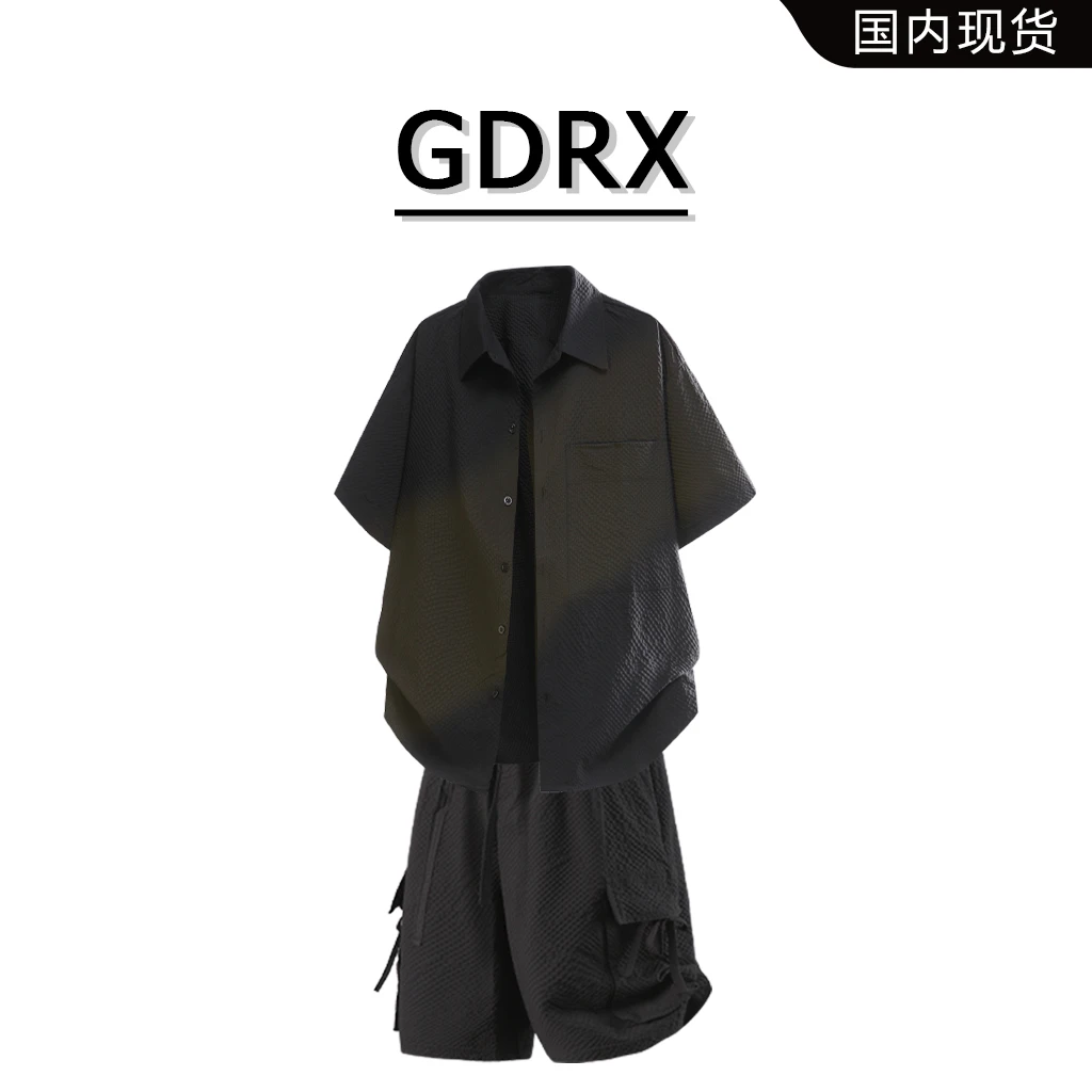 GDRX美式泡泡格工装男士衬衫套装夏季新款薄款宽松小众短裤两件套