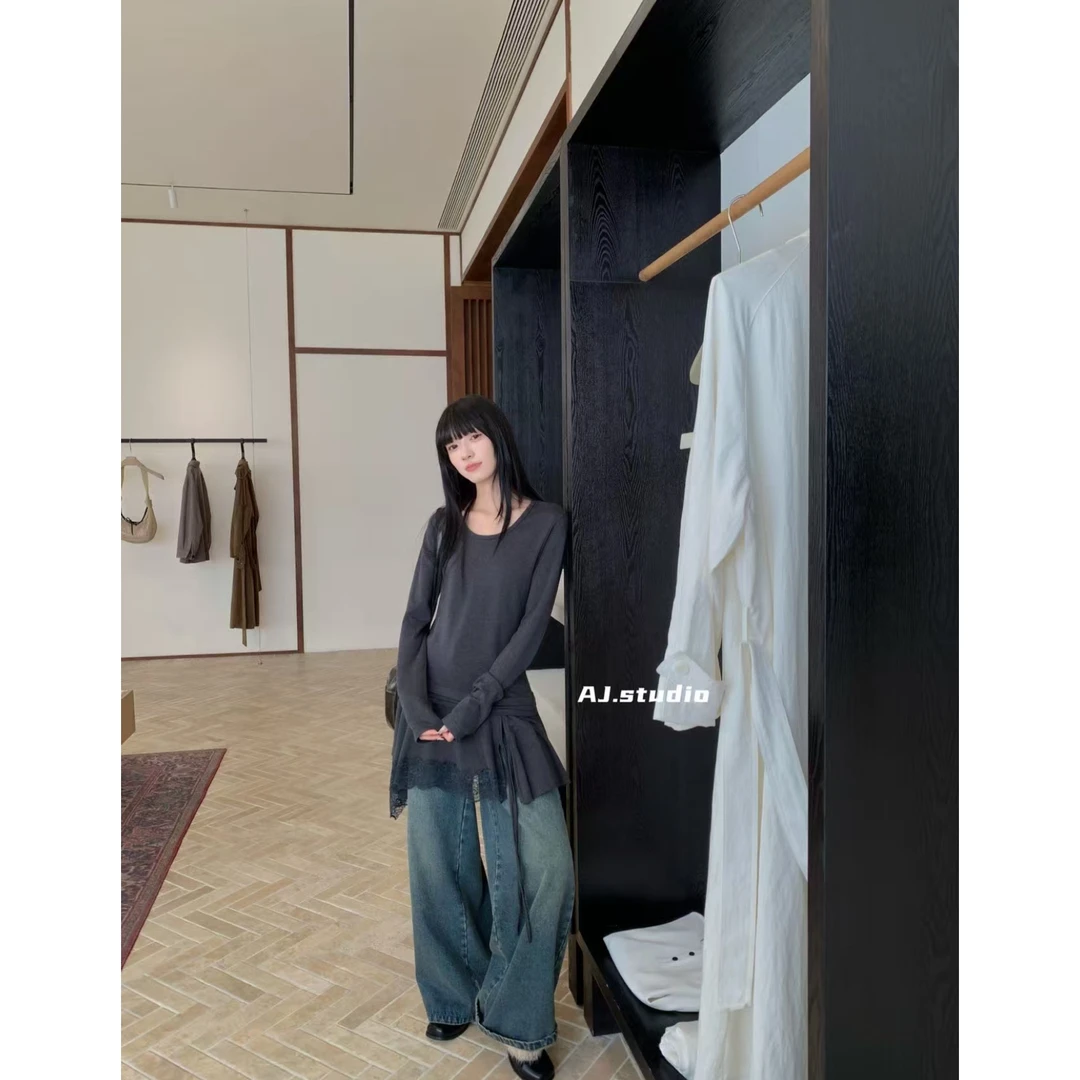AJ（1aj95610#）鬼马灵动～设计蕾丝边不规则裙摆拼接长袖T恤10-27