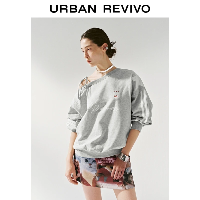 UR2025秋季新款女装学院风斜肩领撞色字母长袖T恤UYV450165+