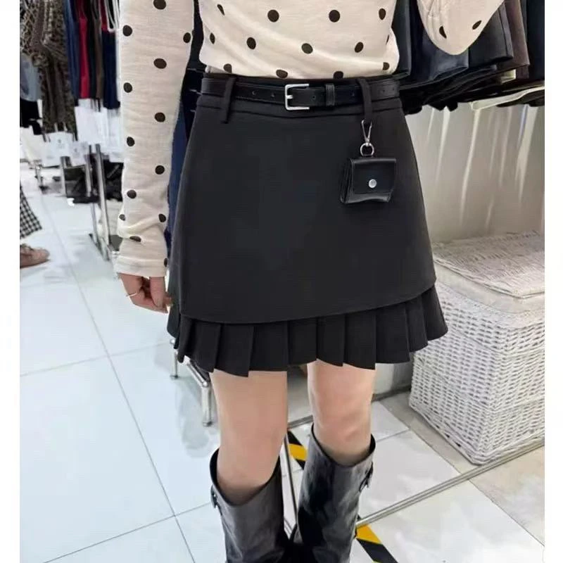 Lucky 大码毛呢短裙高腰百褶裙女秋冬新款A字裙包臀裙显瘦半身裙