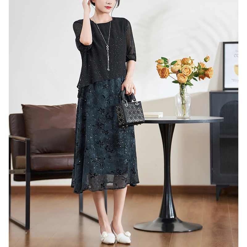 迪欧芙2025春季通勤风连衣裙优雅长裙显瘦时尚法式复古#XLQ87832