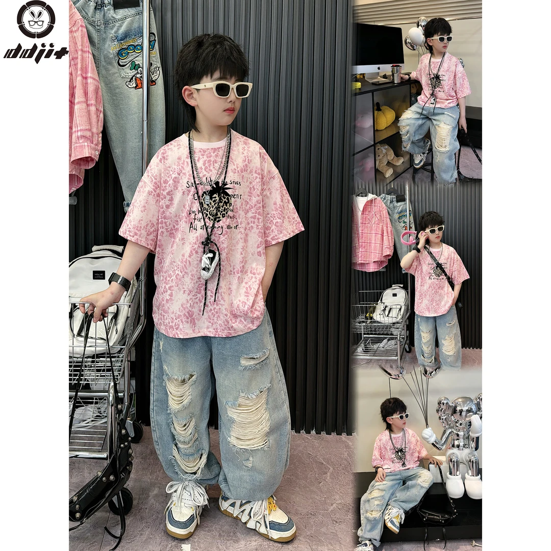 蛋蛋家【 豹纹草莓】夏款时尚街头男童粉色豹纹草莓短袖T恤