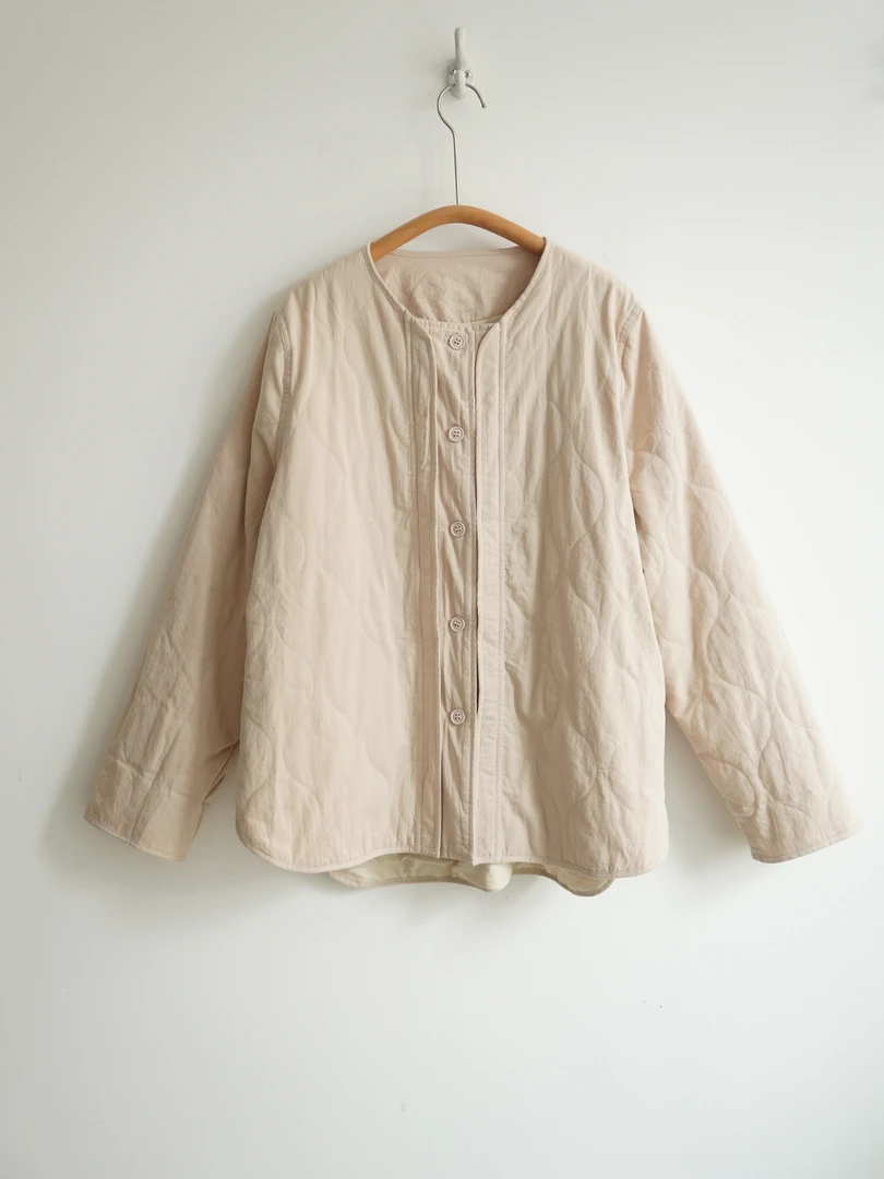 100棉 粉杏色波浪绗缝薄棉服外套