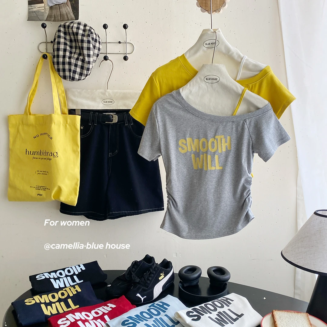 时尚字母印花斜露肩短袖吊带假两件T恤女夏季修身设计感体恤小衫