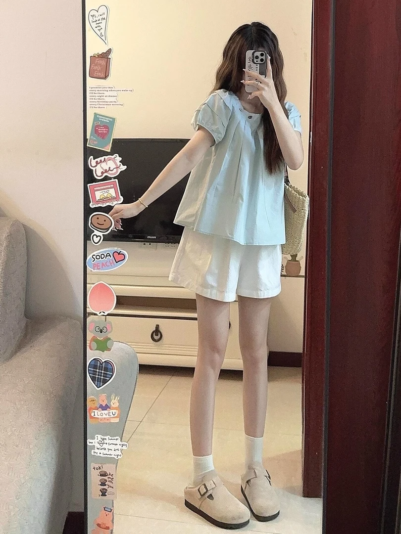 少女休闲运动套装女夏季设计感甜美泡泡袖圆领上衣百搭短裤两件套