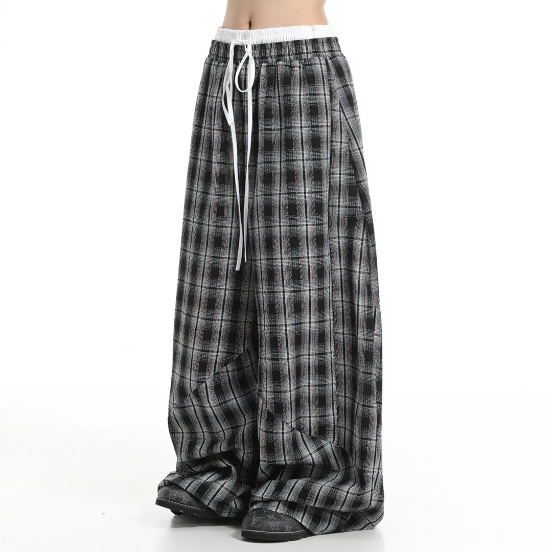 25SS【泡泡纱】心尖垮垮裤双腰头松弛感格纹女宽松阔腿垂感长裤