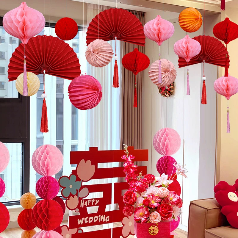 婚房窗户布置套装结婚卧室客厅拉花装饰蜂窝球屋顶吊顶婚礼用品