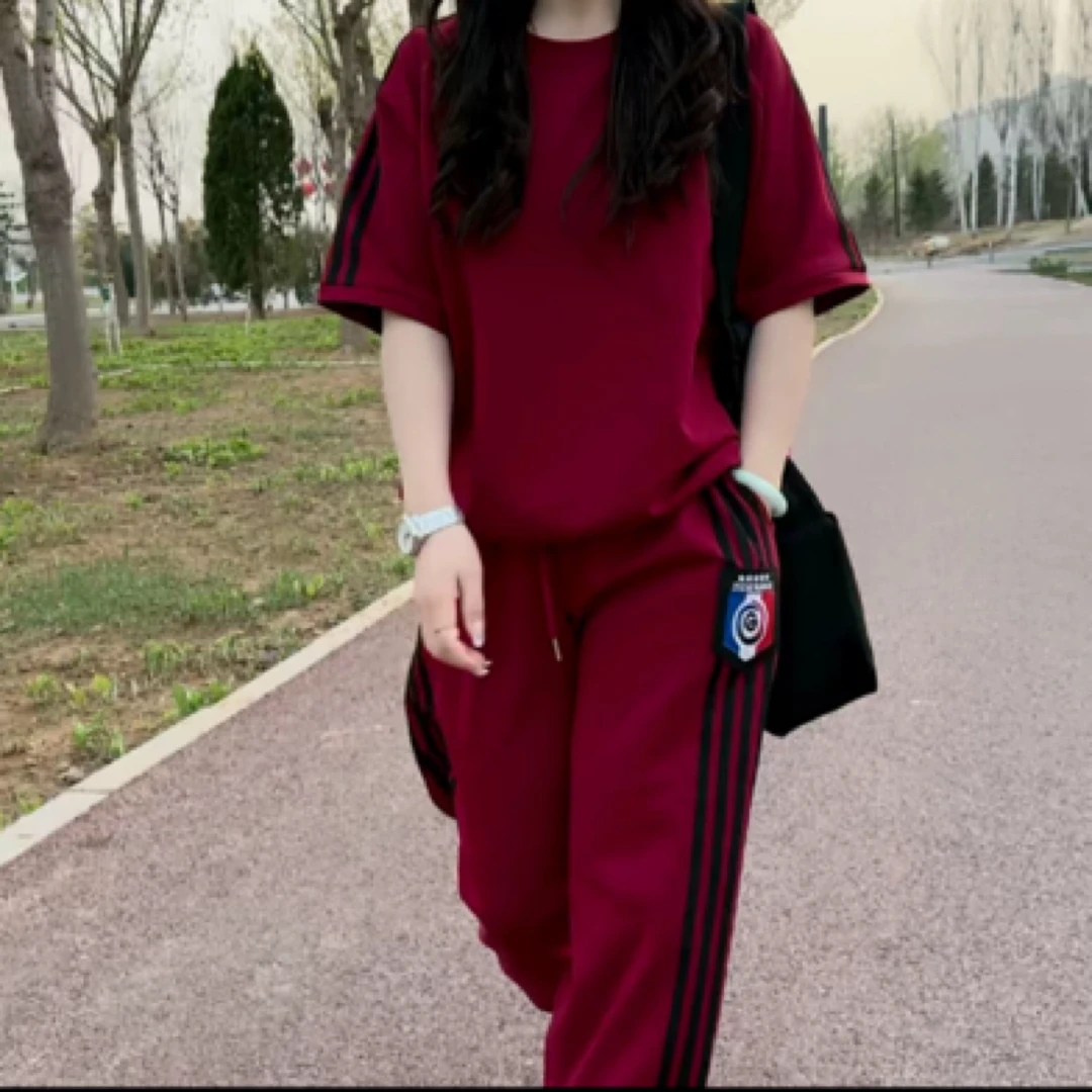 大码时尚休闲运动套装女夏季宽松显瘦短袖卫衣阔腿裤两件套