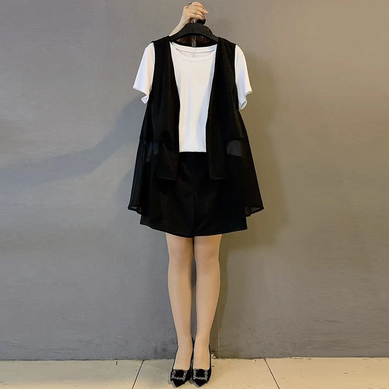 时尚宽松微胖MM大码短袖T恤马甲短裤夏季女装2025爆款时尚洋气