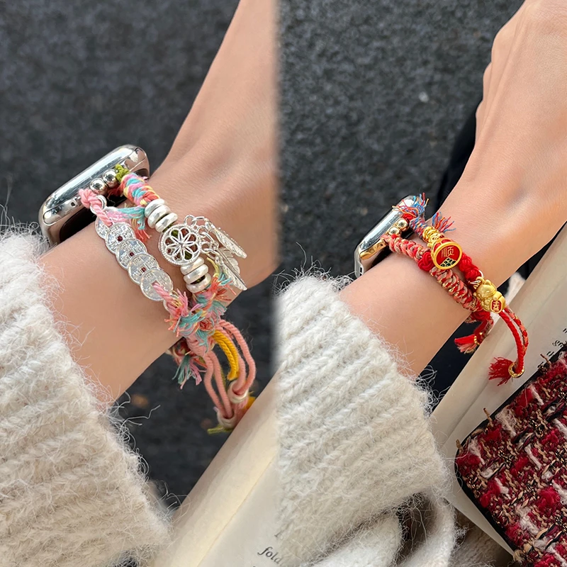 适用苹果手表s10表带新年中式编绳iwatch s9 s8 s7 s6 se表带女生
