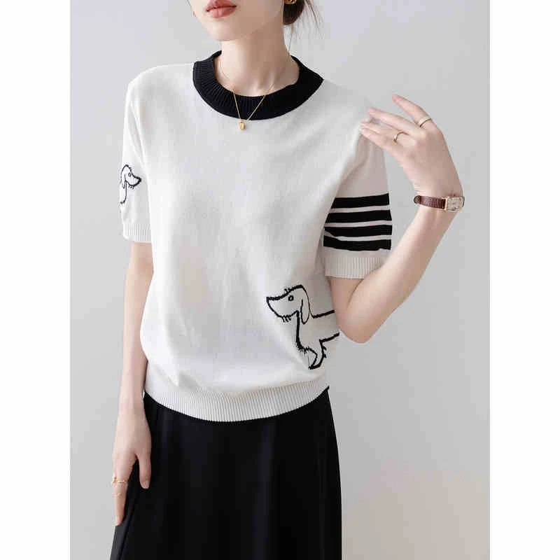 【提花小狗】冰丝针织提花小狗团撞色内搭T恤.X2078