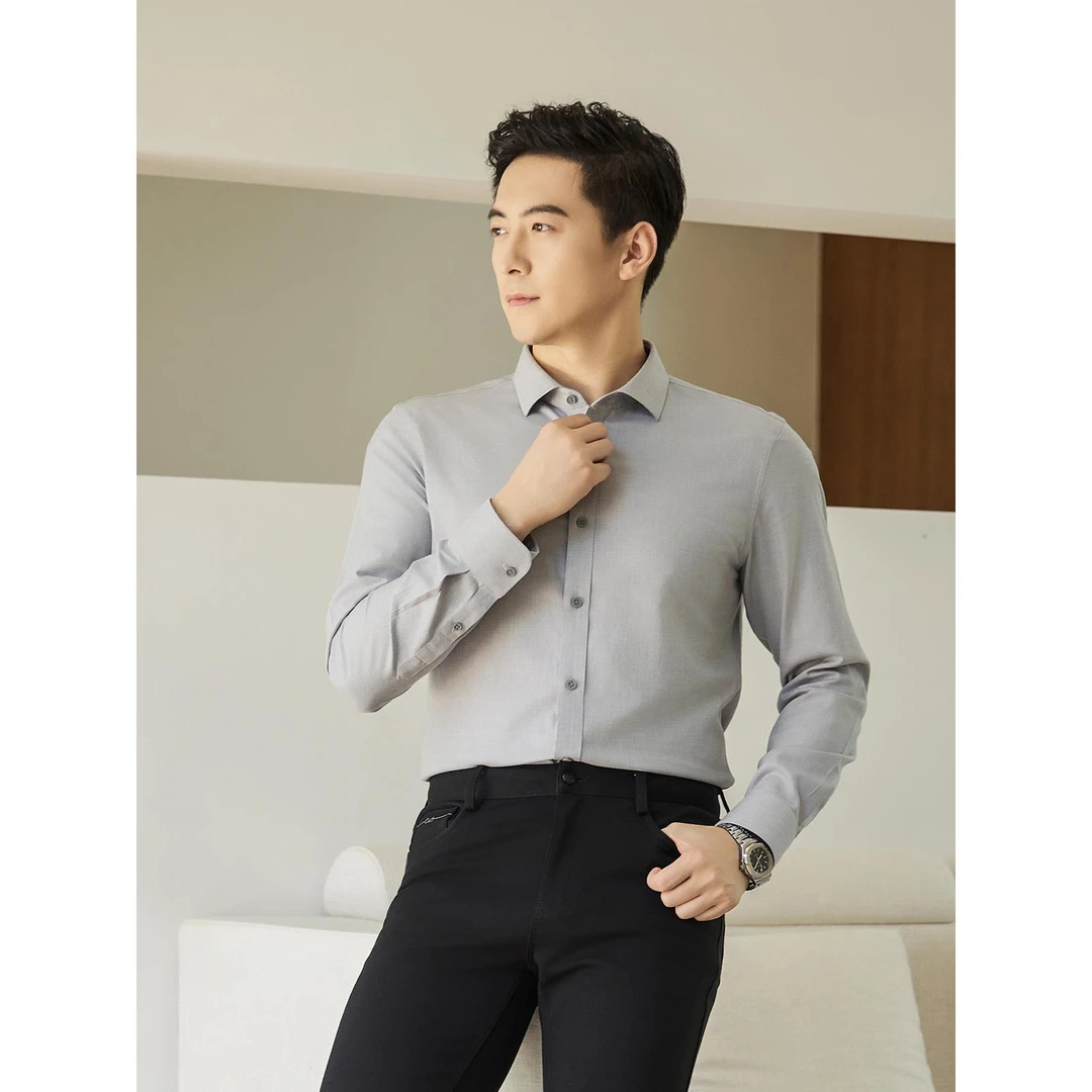 Lilanz/利郎纯色免烫男长袖透气衬衫男士抗皱法式温婉风-24QZC204