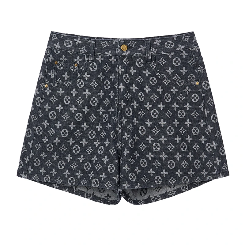 轻复古提花薄款黑色牛仔短裤2025夏季新款老花短裤