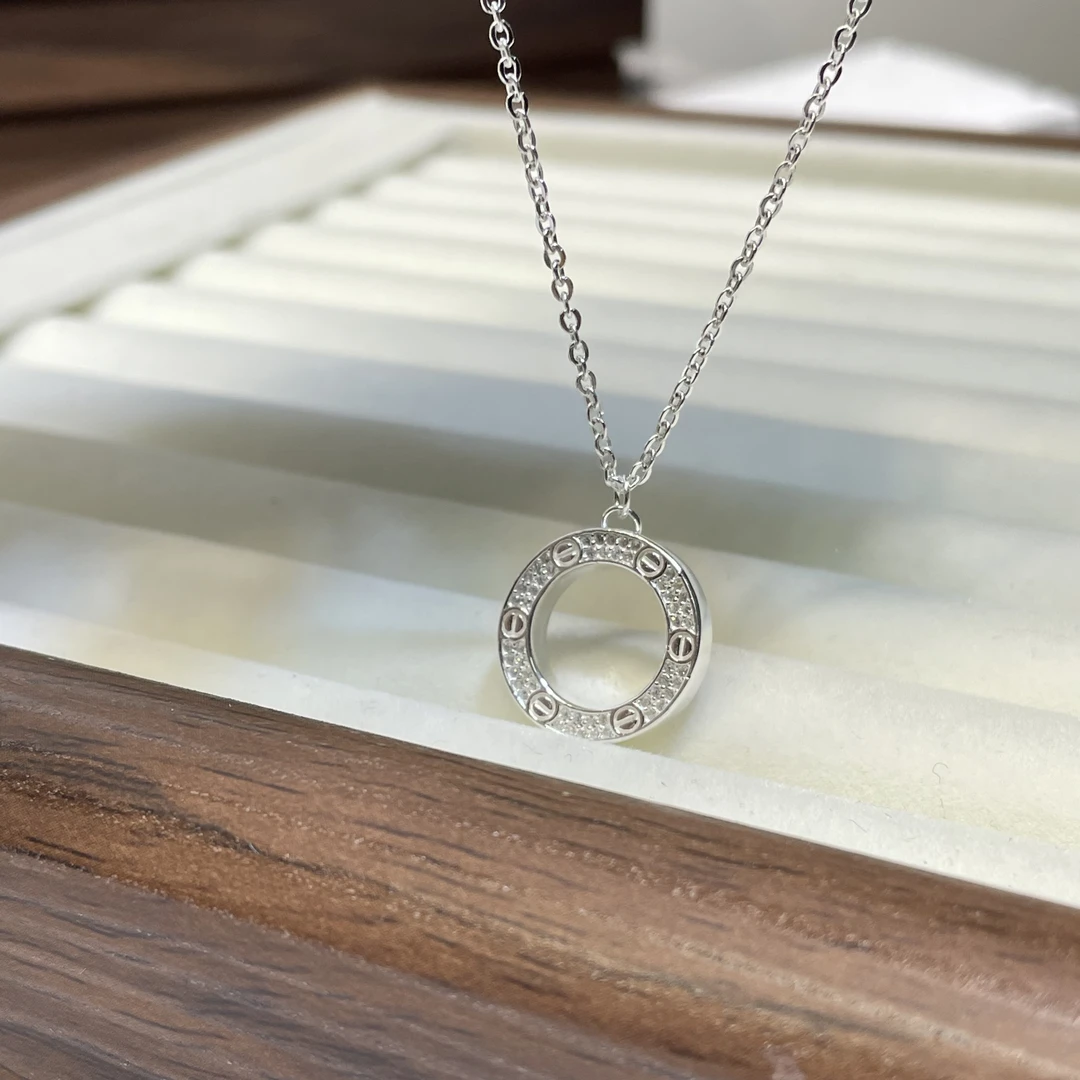 坠链均足银 足银990卡家圆环满钻项链镶钻圈圈精致轻奢百搭时尚