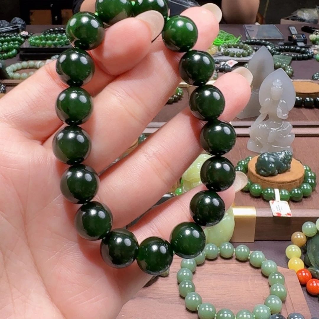 和田玉（碧玉）未镶嵌手链俄菠菜绿 12