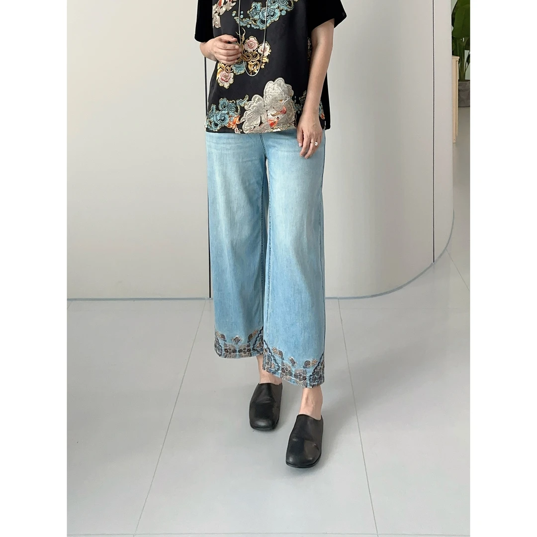 微胖女装【日月潜藏】莱赛尔国风图腾绣花奶奶裤九分牛仔裤夏季906