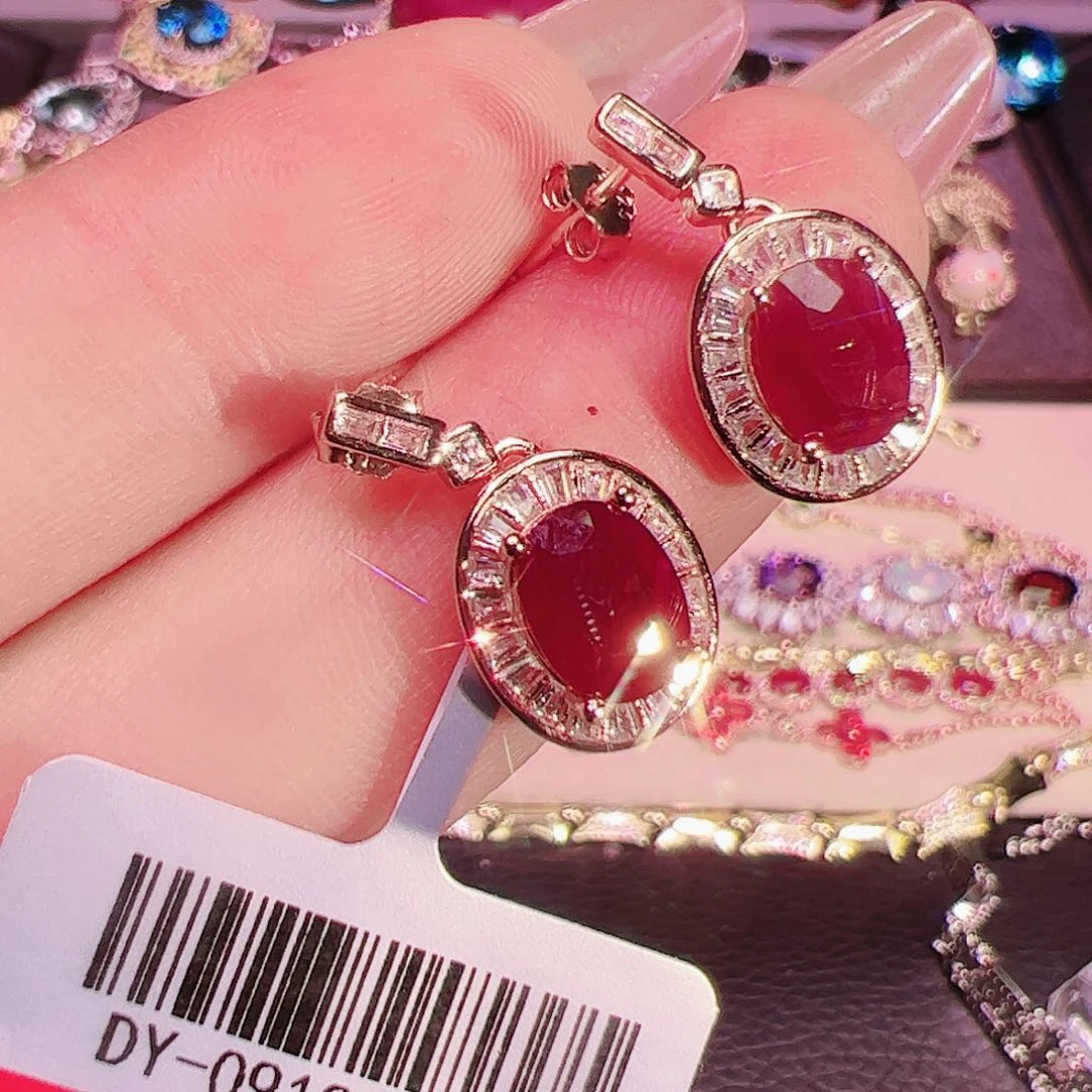 红宝石耳坠银S925镶嵌