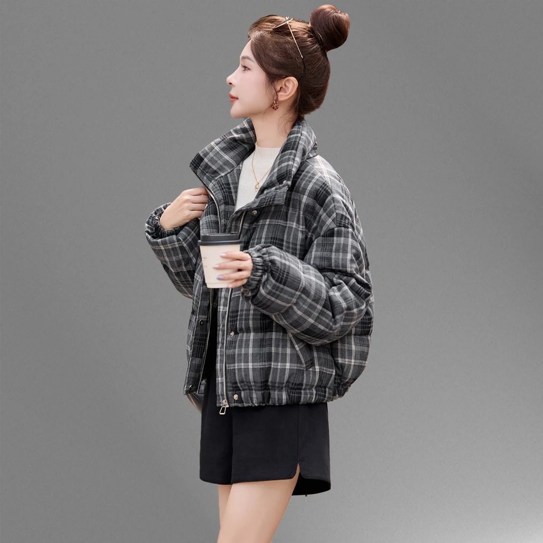 格子羽绒服女短款冬季新小个子白鸭绒宽松显瘦加厚爆款面包服外套