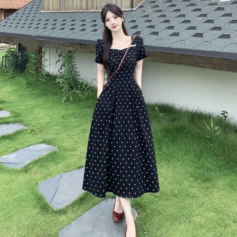 实拍~黑巧甜心夏季气质收腰显瘦桃心领中长款连衣裙黑色法式波点