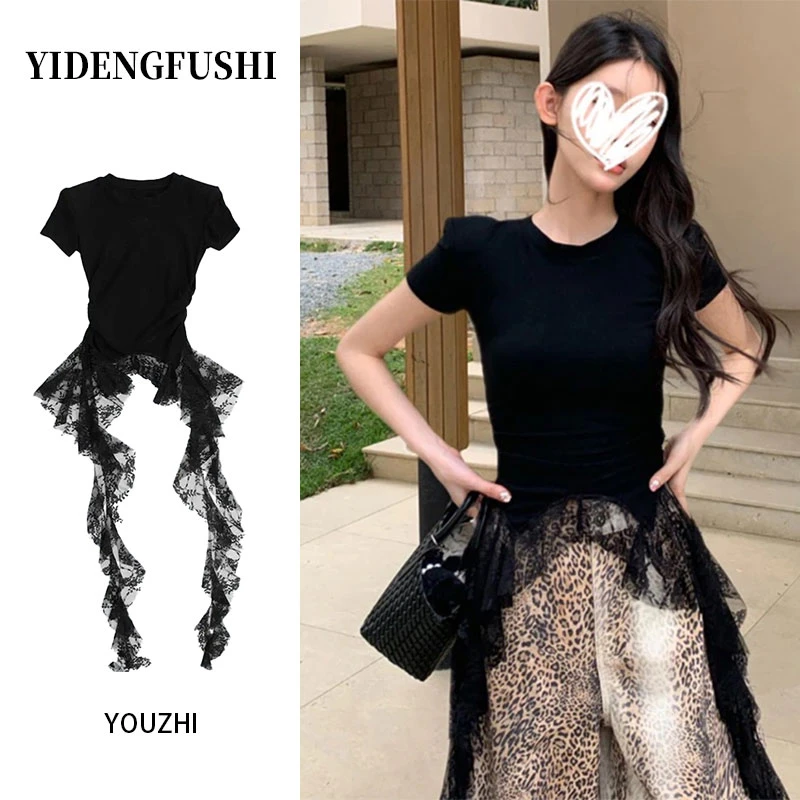 修身不规则蕾丝飘带短袖t恤女夏季2025新款褶皱收腰正肩圆领上衣