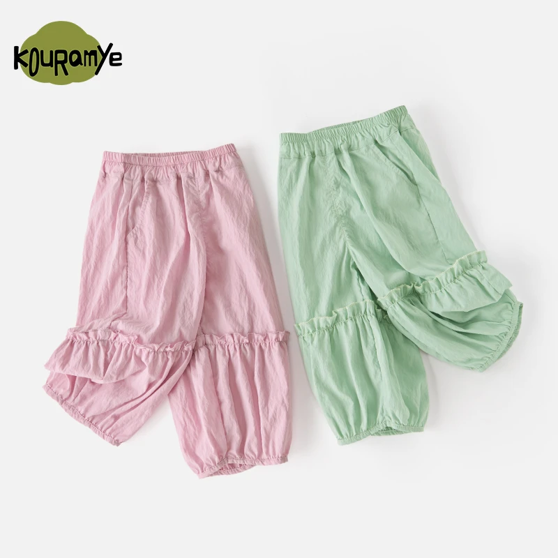 酷娃米夏季新款儿童裤子中小女宝天丝拼接木耳边束脚灯笼裤70434