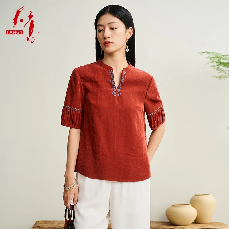 TANGY/天意2025夏季新商场同款欧诺新中式印花女V领T恤2252057