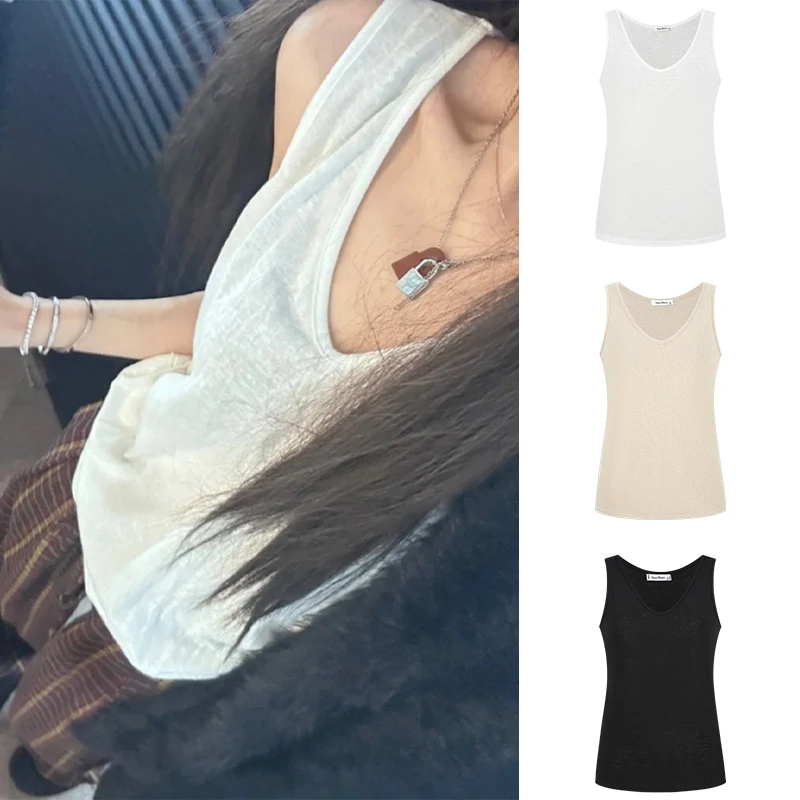 Moses Queen/魔西女王慵懒风V领微透背心宽松显瘦气质早秋上衣