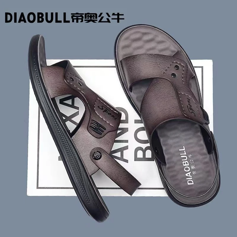 1夏季新款男士真皮沙滩鞋韩版休闲防滑厚底凉拖鞋外穿两用潮流