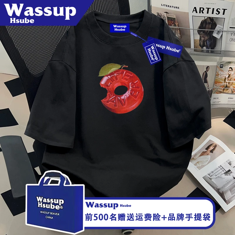 WASSUP HSUBE潮流休闲半袖ins纯棉男女同款黑色短袖夏软糖印花T恤