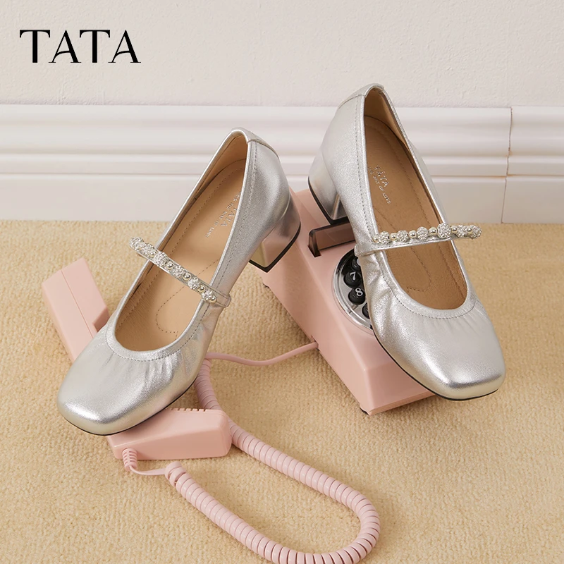 TATA他她法式银色玛丽珍鞋女鞋时尚浅口粗跟单鞋小皮鞋新7ACC1CQ4