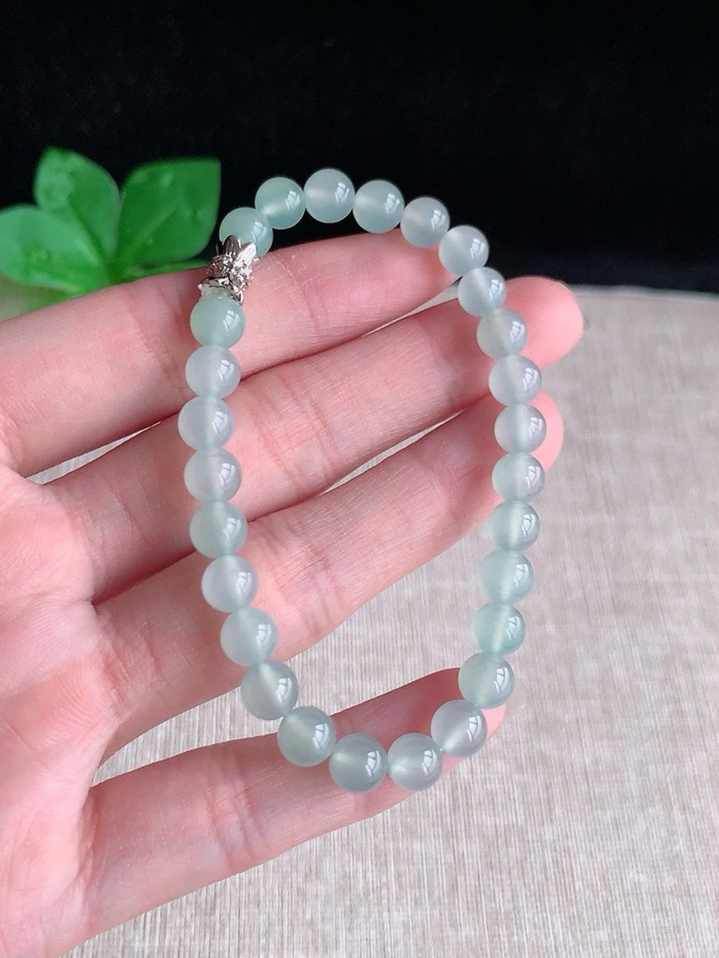 天然翡翠A货冰种浅绿晴水绿圆珠手串手链卡6.3mm缅甸玉石珠子色好