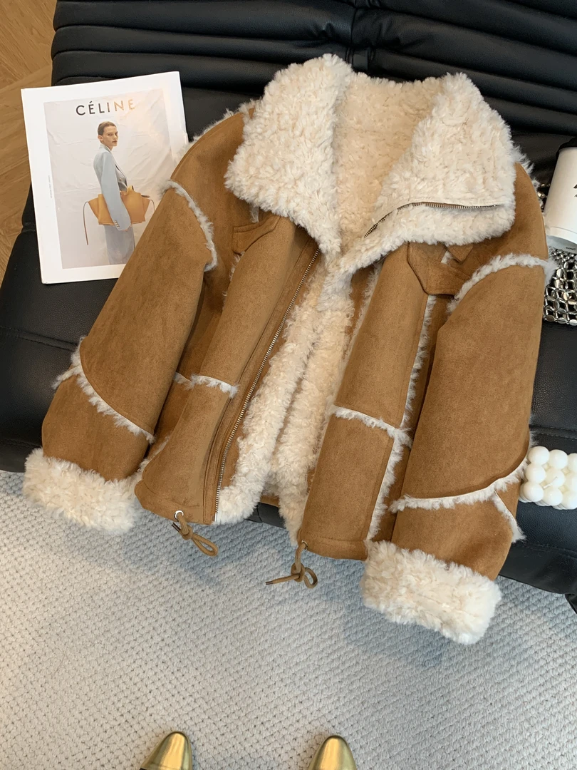 2025秋冬季女新款加绒加厚大衣时尚气质宽松皮毛高级一体保暖外套