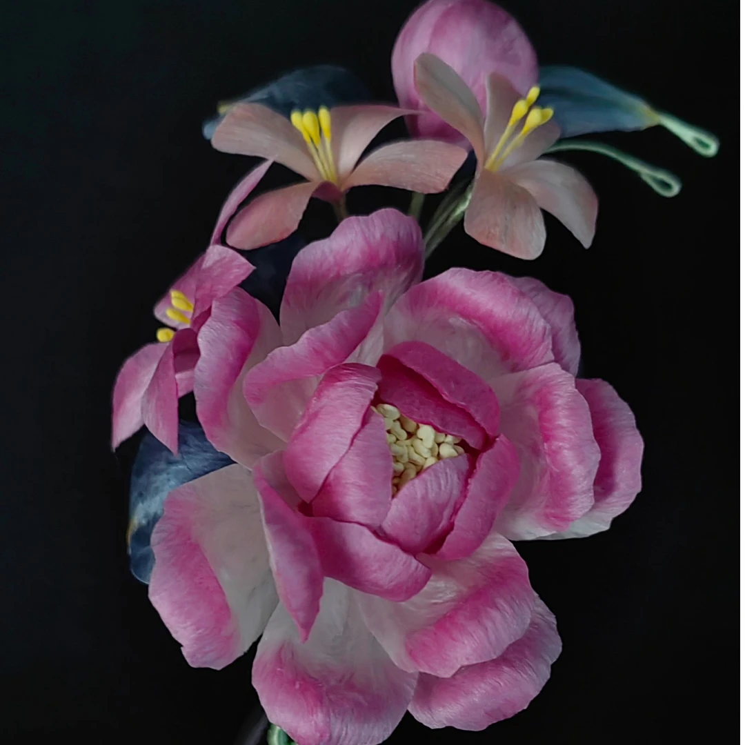 【浅紫色】南京非遗绒花纯手工制作浅紫色牡丹花边夹款