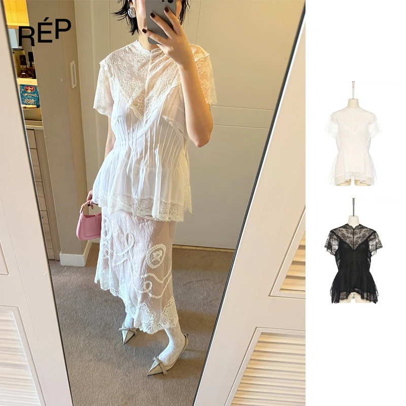 REP-PUSHBUTTON设计师品牌黑色/白色蕾丝拼接收腰上衣 25FW