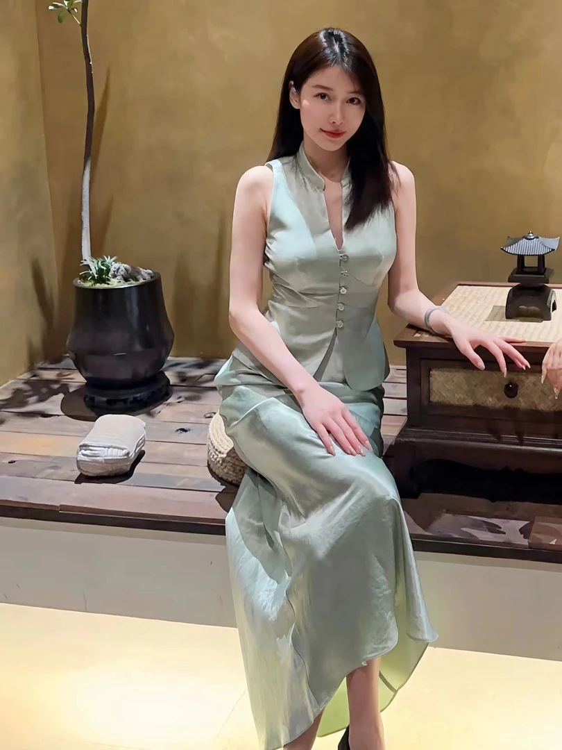 MEETYINA设计师款高级轻奢气质日常新中式绿色套装YN051
