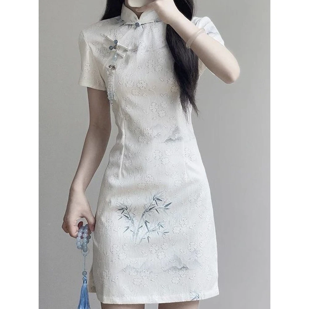 新中式改良旗袍短款修身气质少女连衣裙年轻款2025夏高级感小个子