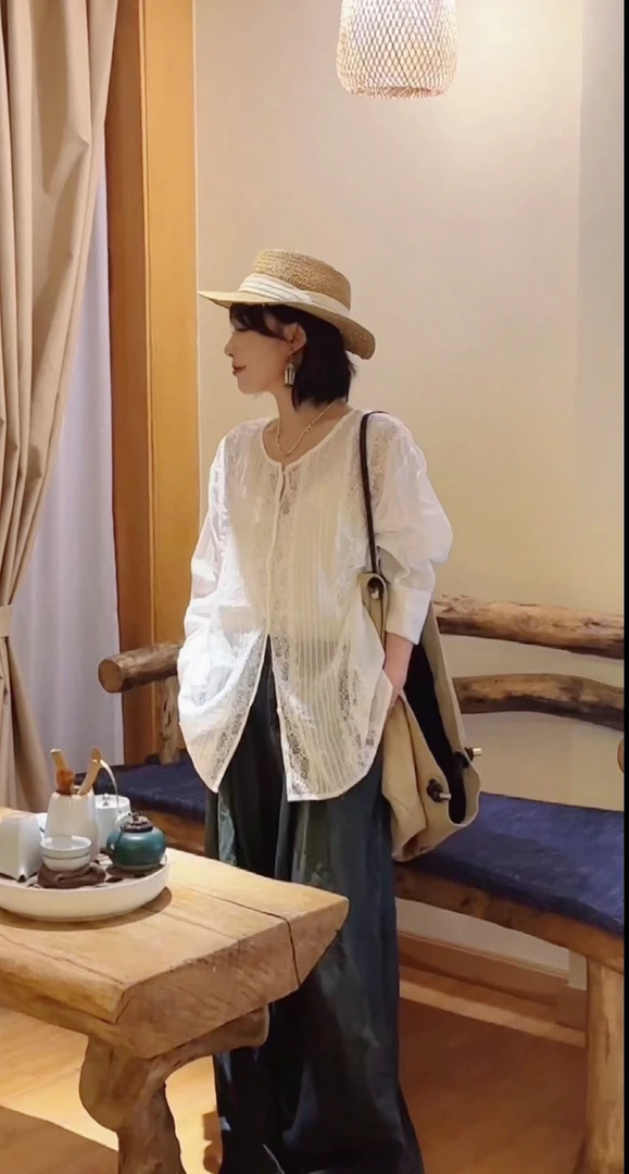 复愫街 手工褶皱拼接蕾丝苎麻衬衫