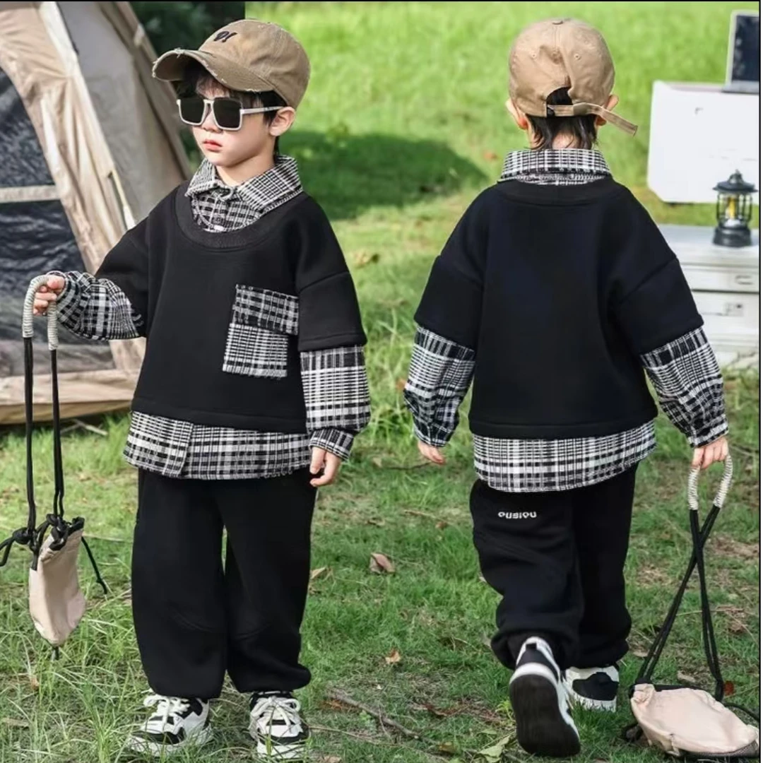 【现货捡漏】儿童卫衣春秋2025新款假两件百搭格子长袖卫衣