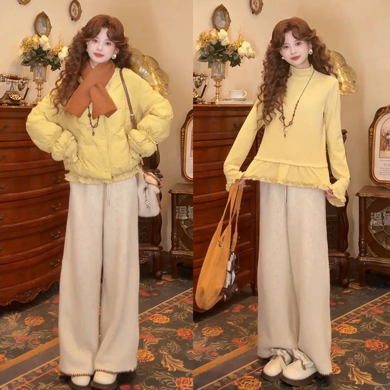 冬季超火一整套女装2025新款复古港风花边上衣棉服外套裤子三件套