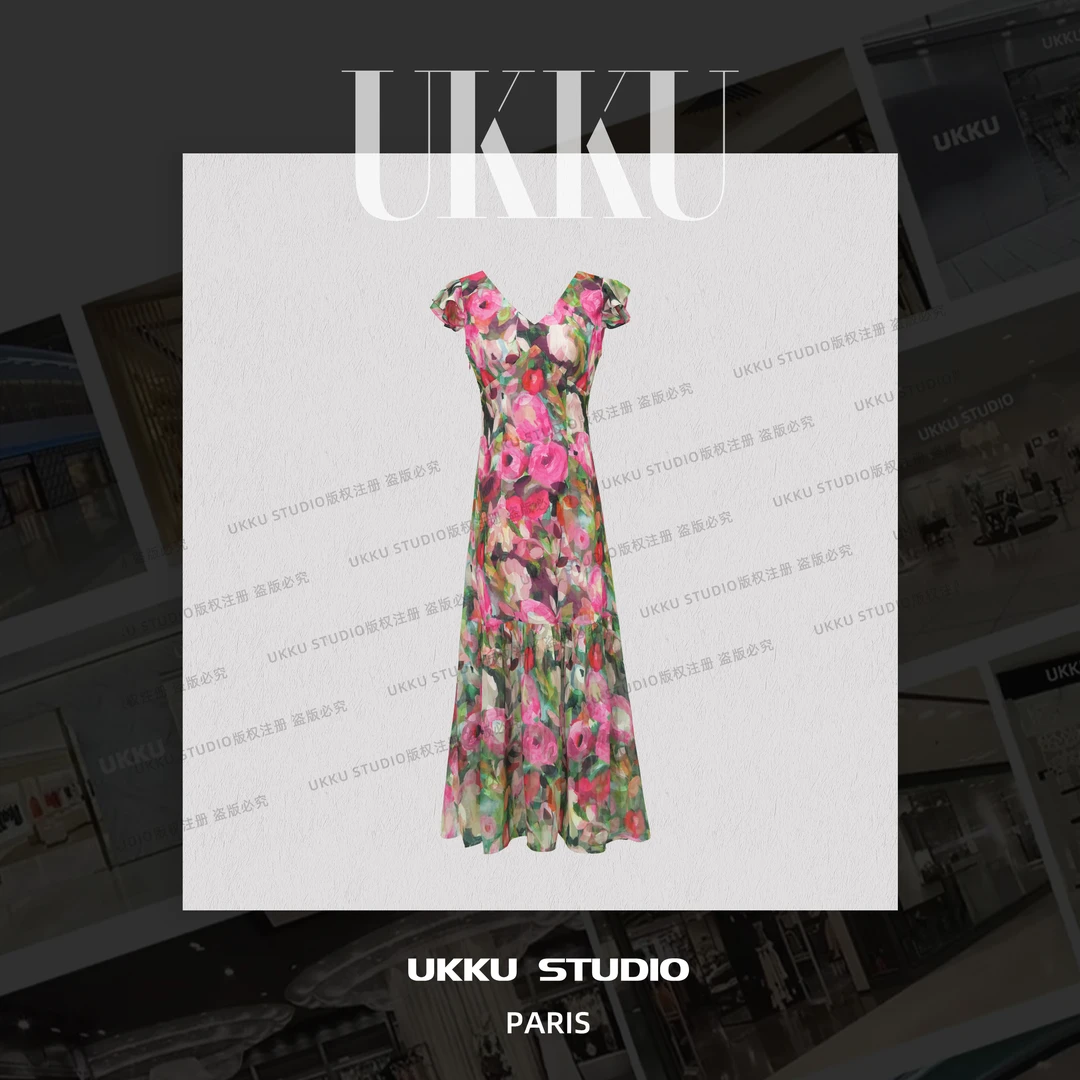 慧慧【UKKU STUDIO】【方华】气质长款时尚遮肉显瘦碎花连衣裙914237